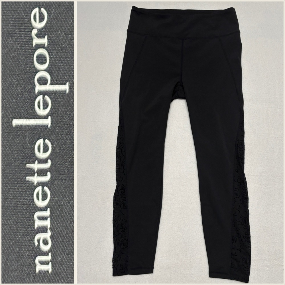 Nanette Lepore‎ L/G Black Floral Lace Inset Athleisure Leggings